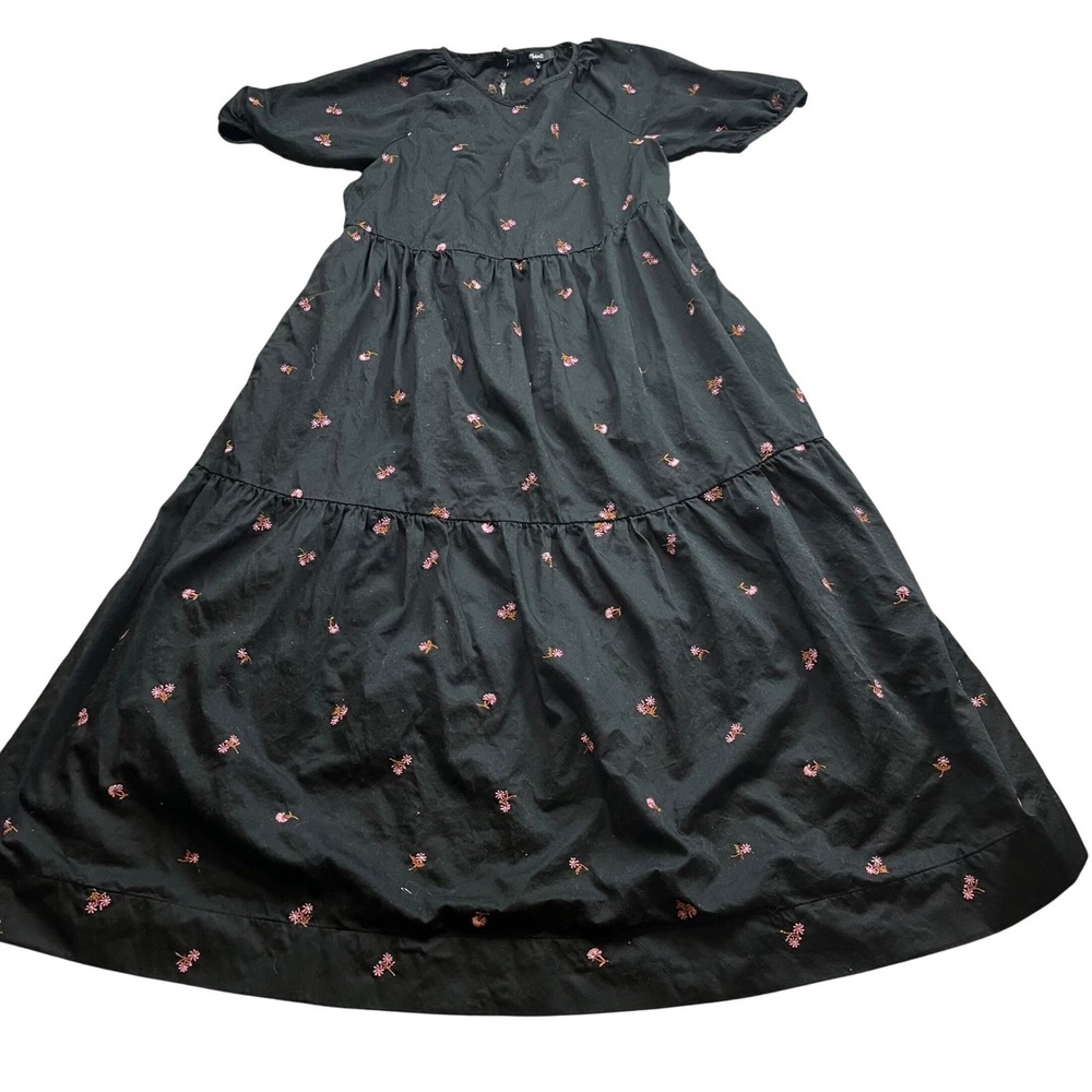 Madewell Tiered Maxi Dress Womens XS Black Embroidered Floral Puff Sleeve